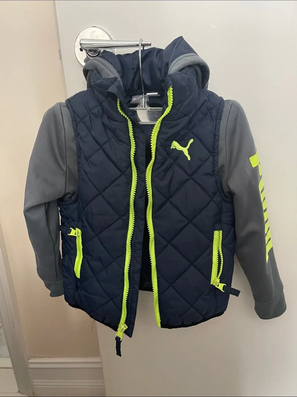 Puma Kids Navy Quilted Vest with Gray Sleeves and Neon Yellow Accents